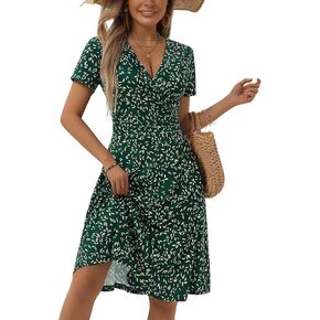 MSBASIC Womens Summer Wrap V Neck Casual Dresses Floral Short Sleeve A-Line Midi Sundress
