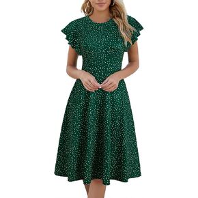MSLG Women's Fit and Flare Ruffle Short Sleeves Dresses Work V-Back Cocktail Semi Formal A Line Dress with Pockets 842