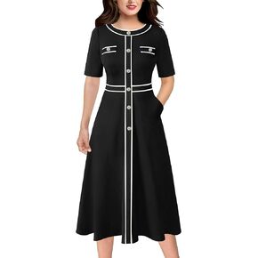 VFSHOW Womens Elegant Buttons Pockets Work Business Office Fit and Flare Midi Mid-Calf A-Line Dress