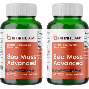 إنفينيت سن 1250 ملغ من كبسولات Superfood Superfood Advanced Sea ، 60 Count - High -Potency ، نباتي ، مصنوع في الولايات المتحدة الأمريكية - Seamoss الأيرلندية ، Pladderwrack ، Burdock Root - الصحة العامة ، دعم المناعة