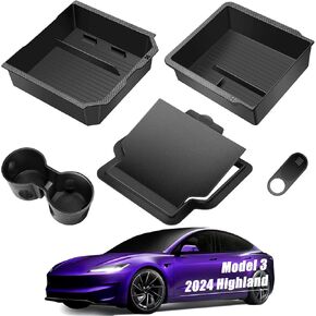 تمت ترقية Tesla Model 3 Accessories 2025-2024 Highland Center Center Console Tracher 5pcs for Tesla Model Y Juniper Accessories 2025 ، صندوق تخزين خفي ، حامل كأس ودرج مسند ذراع