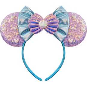 Trnerm Mermaid Mouse Ears Headband, Sequin Park Ears with Blue Bows, Mermaid Birthday Party Supplies