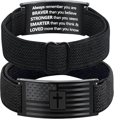 Valentines Day Gifts - Mens Bracelet - American Flag Christian Cross Bracelet for Boys - Adjustable Black Elastic Stretch Strap with Bible Verse - Gift for Son Grandson in Saudi Arabia