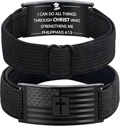 Valentines Day Gifts - Mens Bracelet - American Flag Christian Cross Bracelet for Boys - Adjustable Black Elastic Stretch Strap with Bible Verse - Gift for Son Grandson in Saudi Arabia