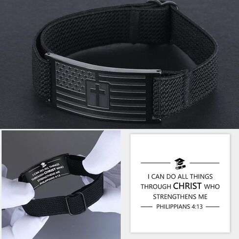 Valentines Day Gifts - Mens Bracelet - American Flag Christian Cross Bracelet for Boys - Adjustable Black Elastic Stretch Strap with Bible Verse - Gift for Son Grandson in Saudi Arabia