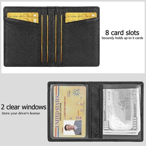 Unaone Slim Minimalist Wallet - Premium Leather RFID يحظر محافظ الجيب الأمامية مع 8 فتحات بطاقات ونافذة معرّفتين ، أسود in Kuwait