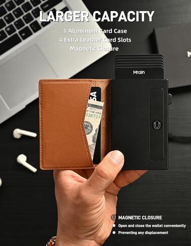 Men's Slim Premium Leather Wallet Pop Up Card Holder RFID Blocking Metal Wallet with Push Button Minimalist Design for Credit Card Holder Magnetic Closure (Black) in Saudi Arabia