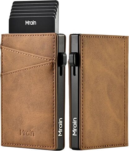 Men's Slim Premium Leather Wallet Pop Up Card Holder RFID Blocking Metal Wallet with Push Button Minimalist Design for Credit Card Holder Magnetic Closure (Black) in Saudi Arabia