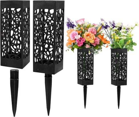 2 Pack 12 Inch Grave Vases for Cemetery with Stake, Graveside Flower Holder, Memorial Day Grave Decorations Cemetery Vases for Grave for Graveyard Headstone Flower Marker(Black) in Saudi Arabia