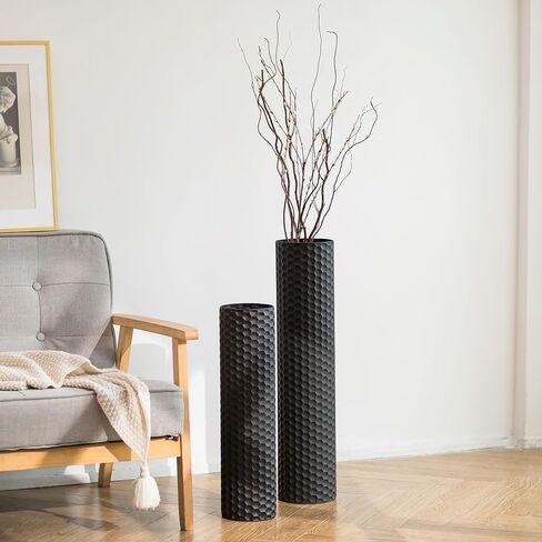 Sziqiqi Black Tall Floor Vase: 27.6/21.7in Metal Cylinder Vases Extra Large Decorative Vase Set of 2 Living Room Modern Honeycomb Texture Big Standing Decor for Dining Bedroom Home Corner Indoor in Saudi Arabia