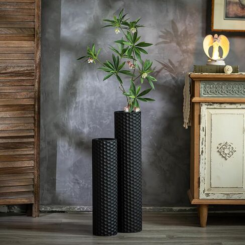 Sziqiqi Black Tall Floor Vase: 27.6/21.7in Metal Cylinder Vases Extra Large Decorative Vase Set of 2 Living Room Modern Honeycomb Texture Big Standing Decor for Dining Bedroom Home Corner Indoor in Saudi Arabia