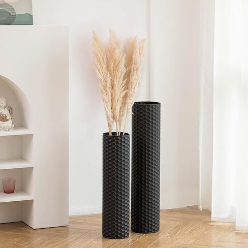 Sziqiqi Black Tall Floor Vase: 27.6/21.7in Metal Cylinder Vases Extra Large Decorative Vase Set of 2 Living Room Modern Honeycomb Texture Big Standing Decor for Dining Bedroom Home Corner Indoor in Saudi Arabia