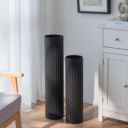 Sziqiqi Black Tall Floor Vase: 27.6/21.7in Metal Cylinder Vases Extra Large Decorative Vase Set of 2 Living Room Modern Honeycomb Texture Big Standing Decor for Dining Bedroom Home Corner Indoor in Saudi Arabia