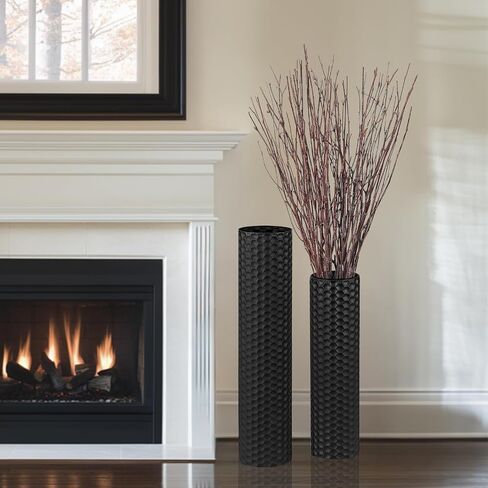 Sziqiqi Black Tall Floor Vase: 27.6/21.7in Metal Cylinder Vases Extra Large Decorative Vase Set of 2 Living Room Modern Honeycomb Texture Big Standing Decor for Dining Bedroom Home Corner Indoor in Saudi Arabia
