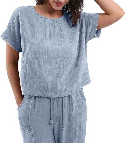 Amazhiyu Women's Cotton Gauze Summer Short Sleeve Crewneck Crop Tops Casual Blouse in Kuwait