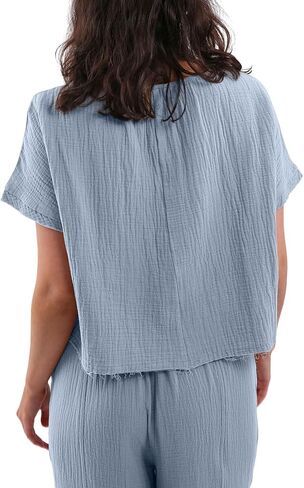Amazhiyu Women's Cotton Gauze Summer Short Sleeve Crewneck Crop Tops Casual Blouse in Kuwait