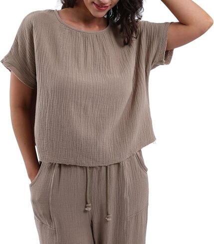 Amazhiyu Women's Cotton Gauze Summer Short Sleeve Crewneck Crop Tops Casual Blouse in Kuwait