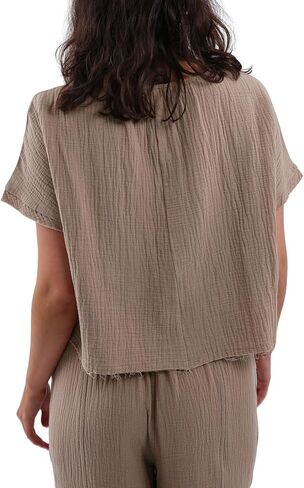 Amazhiyu Women's Cotton Gauze Summer Short Sleeve Crewneck Crop Tops Casual Blouse in Kuwait