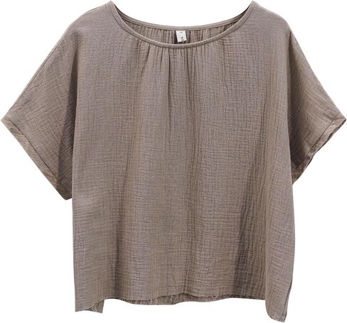 Amazhiyu Women's Cotton Gauze Summer Short Sleeve Crewneck Crop Tops Casual Blouse in Kuwait