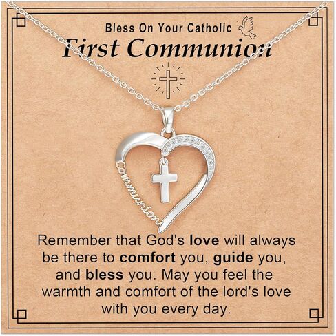 Baptism First Communion Confirmation Cross Heart Necklace for Girls Women Christian Religious Catholic Jewelry Gifts 16+3 Inches in Kuwait