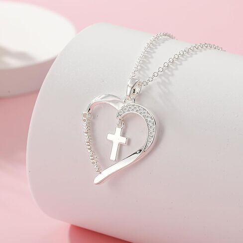 Baptism First Communion Confirmation Cross Heart Necklace for Girls Women Christian Religious Catholic Jewelry Gifts 16+3 Inches in Kuwait