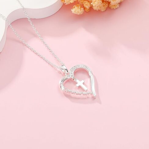 Baptism First Communion Confirmation Cross Heart Necklace for Girls Women Christian Religious Catholic Jewelry Gifts 16+3 Inches in Kuwait