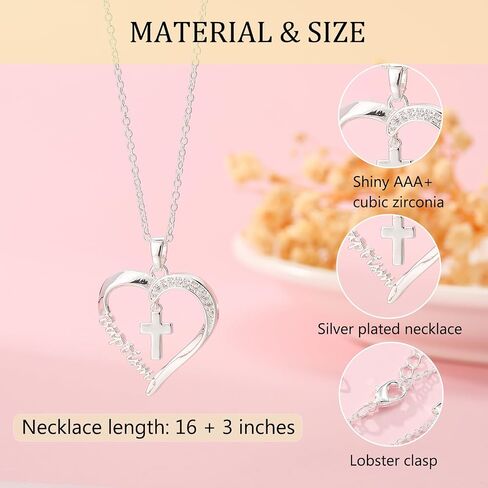 Baptism First Communion Confirmation Cross Heart Necklace for Girls Women Christian Religious Catholic Jewelry Gifts 16+3 Inches in Kuwait