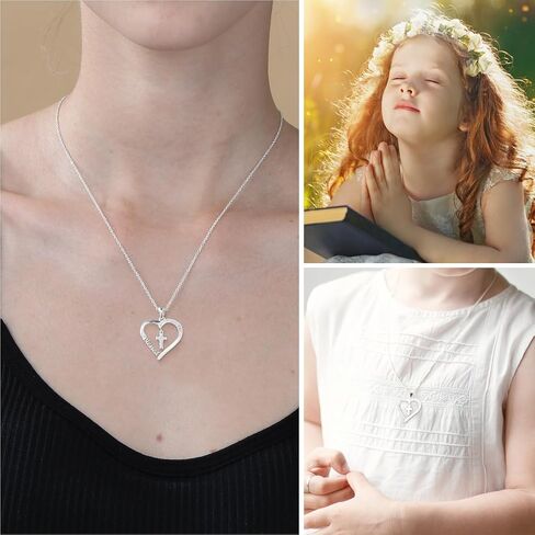 Baptism First Communion Confirmation Cross Heart Necklace for Girls Women Christian Religious Catholic Jewelry Gifts 16+3 Inches in Kuwait