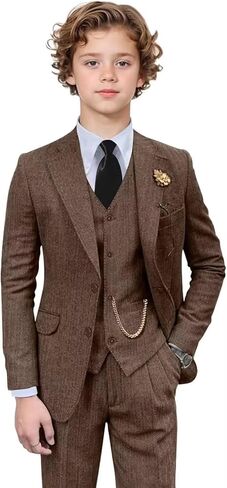 Retro 3 Pieces Slim Fit Boy Suit Tweed Herringbone Formal Stylish Vest Tuxedo Pants Wedding Homecoming Dress Wear Set in Saudi Arabia