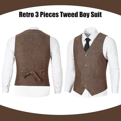 Retro 3 Pieces Slim Fit Boy Suit Tweed Herringbone Formal Stylish Vest Tuxedo Pants Wedding Homecoming Dress Wear Set in Saudi Arabia