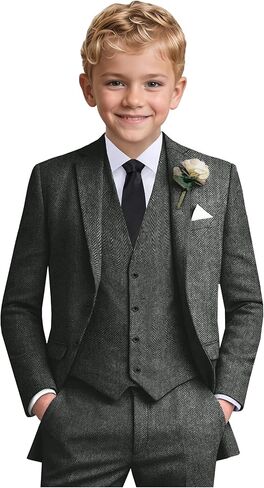 الأولاد بدلات 6pcs Tweed Herringbone بدلات للأطفال Slim Fit Tuxedo سترة السترة الرسمية زفاف قميص السترة سترة مجموعة مع ربطة عنق in Kuwait