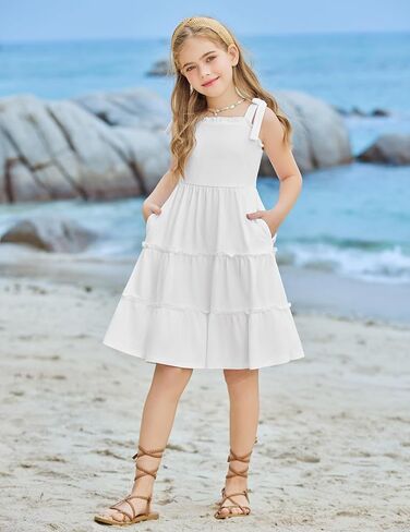 Arshiner Girls Summer Dress Tween Boho casual bowknot حزام بلا أكمام أرجوحة متثاق in Kuwait