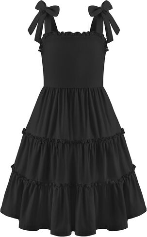 Arshiner Girls Summer Dress Tween Boho Casual Bowknot Strap Sleeveless Swing Flowy Ruffle Tiered Sundresses with Pockets in Kuwait