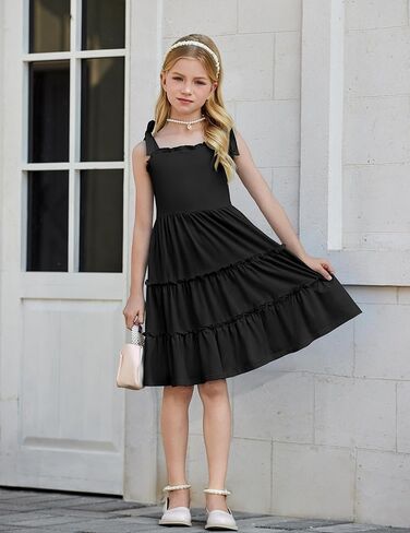 Arshiner Girls Summer Dress Tween Boho Casual Bowknot Strap Sleeveless Swing Flowy Ruffle Tiered Sundresses with Pockets in Kuwait