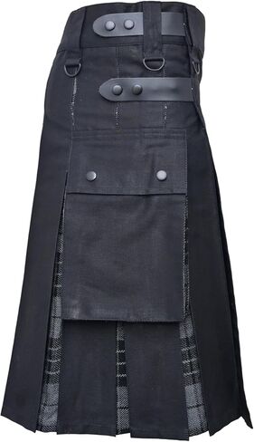 Men's Plus Size Scottish Hybrid Black Cotton & Tartan Utility Kilt with Leather Straps in Kuwait