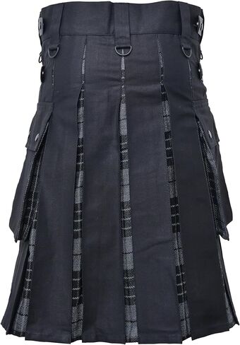 Men's Plus Size Scottish Hybrid Black Cotton & Tartan Utility Kilt with Leather Straps in Kuwait