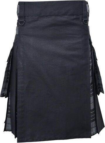 Men's Plus Size Scottish Hybrid Black Cotton & Tartan Utility Kilt with Leather Straps in Kuwait