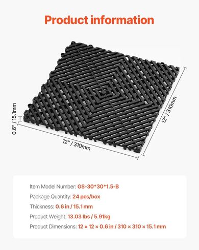 VEVOR Interlocking Drainage Mat, 12" x 12" Modular Interlocking Cushion, 55 Pcs Splicing Drainage Mats, Non-Slip Gray PP Drainage Floor Tile and Shower Mat, for Garage, Garden, Kitchen & Outdoor in Saudi Arabia