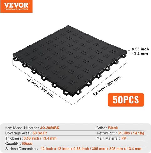 VEVOR Garage Tiles Interlocking, 12 x 12 x 0.53 inch 50 Pack Garage Floor Covering Tiles, Non-Slip Double-Sided Texture Garage Flooring Tiles, for Garages, Basements, Repair Shops, Black in Saudi Arabia