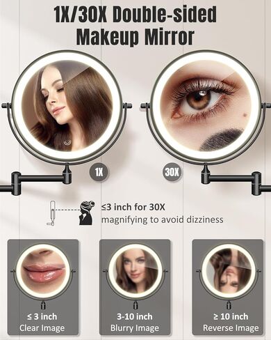 30X/1X Wall Mounted Lighted Makeup Mirror, 8'' Double Sided Rechargeable Magnifying Bathroom Mirror with Light, 3 Color Lights Touch Dimmable Extended Arm 360 Rotation Light up Mirrors in Kuwait