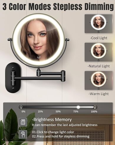30X/1X Wall Mounted Lighted Makeup Mirror, 8'' Double Sided Rechargeable Magnifying Bathroom Mirror with Light, 3 Color Lights Touch Dimmable Extended Arm 360 Rotation Light up Mirrors in Kuwait