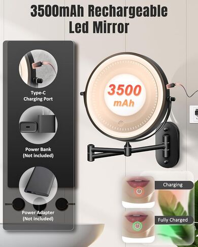 30X/1X Wall Mounted Lighted Makeup Mirror, 8'' Double Sided Rechargeable Magnifying Bathroom Mirror with Light, 3 Color Lights Touch Dimmable Extended Arm 360 Rotation Light up Mirrors in Kuwait
