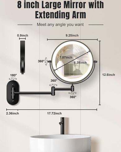 30X/1X Wall Mounted Lighted Makeup Mirror, 8'' Double Sided Rechargeable Magnifying Bathroom Mirror with Light, 3 Color Lights Touch Dimmable Extended Arm 360 Rotation Light up Mirrors in Kuwait