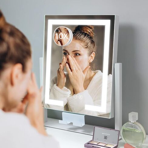 Kottova Lighted Makeup Mirror, Hollywood Vanity Mirror with Lights, Three Color Modes, 10X Magnification, Smart Touch Control, Detachable 10X Mirror, Metal Frame, 360° Rotation（14.5in,White） in Kuwait