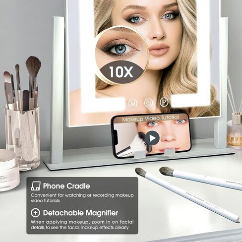 Kottova Lighted Makeup Mirror, Hollywood Vanity Mirror with Lights, Three Color Modes, 10X Magnification, Smart Touch Control, Detachable 10X Mirror, Metal Frame, 360° Rotation（14.5in,White） in Kuwait
