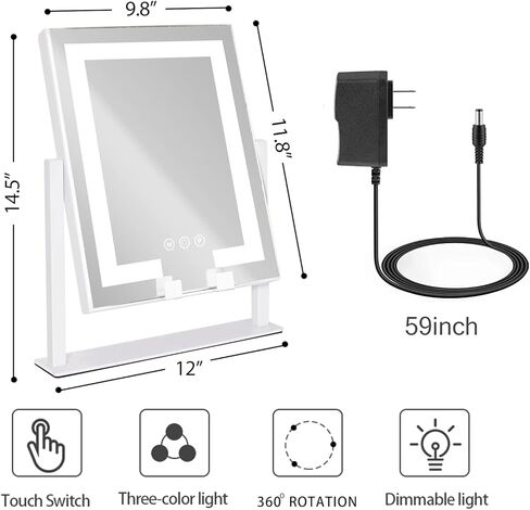 Kottova Lighted Makeup Mirror, Hollywood Vanity Mirror with Lights, Three Color Modes, 10X Magnification, Smart Touch Control, Detachable 10X Mirror, Metal Frame, 360° Rotation（14.5in,White） in Kuwait