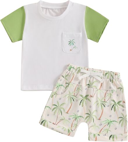 Ledy Champswiin Toddler Baby Boy Summer Outfit Color Block Short Sleeve T-shirt Pullover Tops Jogger Shorts Clothes Set in Kuwait