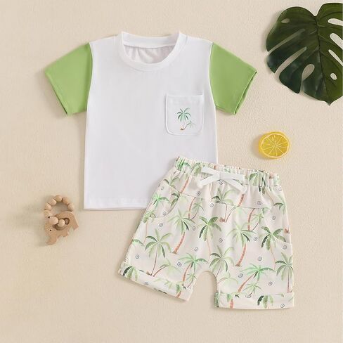 Ledy Champswiin Toddler Baby Boy Summer Outfit Color Block Short Sleeve T-shirt Pullover Tops Jogger Shorts Clothes Set in Kuwait
