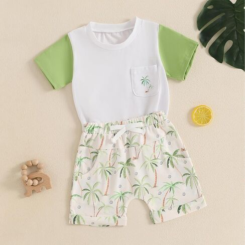 Ledy Champswiin Toddler Baby Boy Summer Outfit Color Block Short Sleeve T-shirt Pullover Tops Jogger Shorts Clothes Set in Kuwait