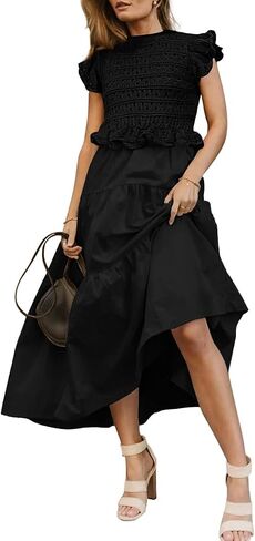 Women’s 2025 Summer Causal Ruffle Sleeve Crochet Knit Tops Long Dress for Ladies Fall Trendy Tiered Dress in Saudi Arabia